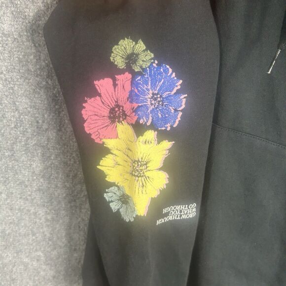 Adidas Black Hoodie Sweatshirt Grow Through What You Go Through Floral Sleeves L - Picture 7 of 16